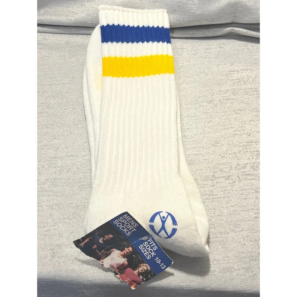 VTG Mens Sport Tube Socks Blue Yellow Stripes Size 10-13 Retro 70s NWT